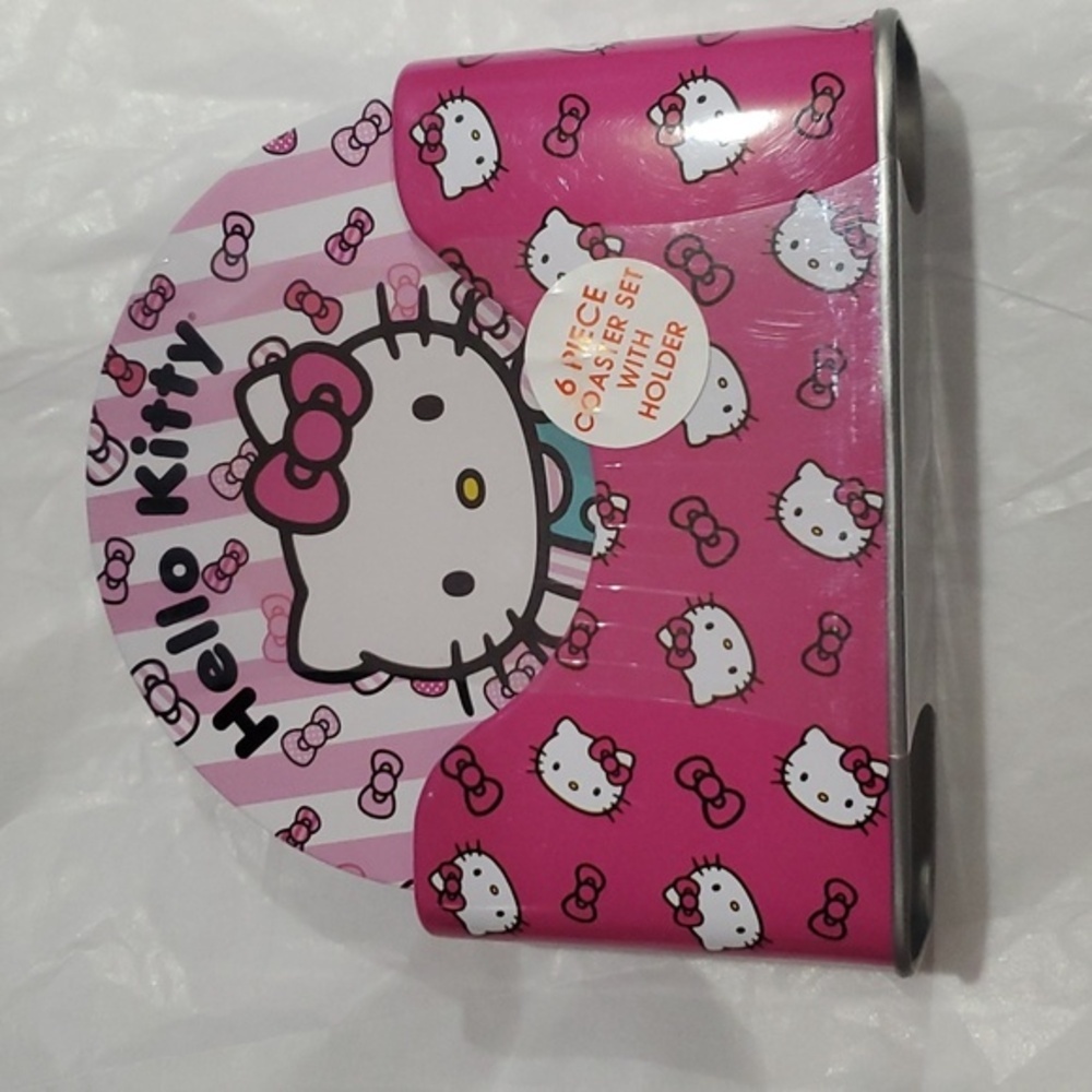 Hello Kitty pink white hello kitty monogrammed logo 6pc tin coaster set & holder